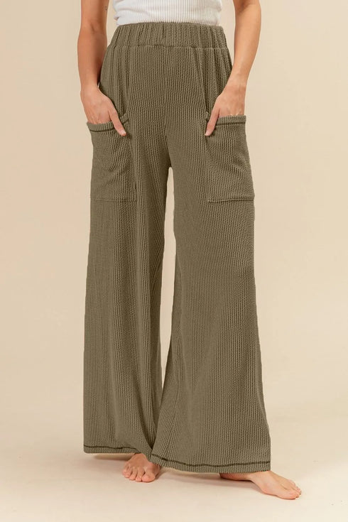 BiBi 2tone Cord Rib Waist Band Side Pocket Pants OLIVE - Fashorio