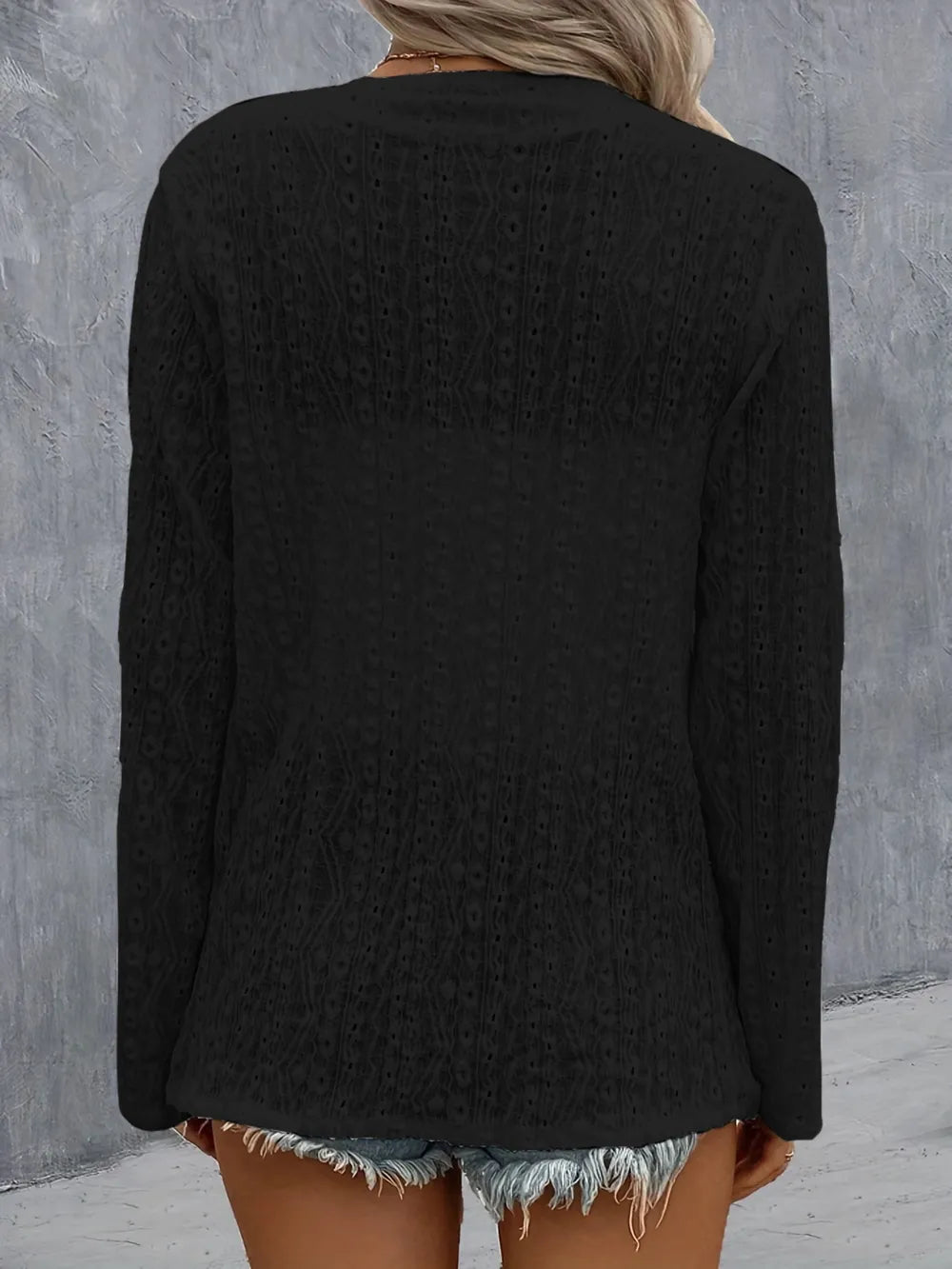 Eyelet Roll-Tab Sleeve Cardigan - Fashorio