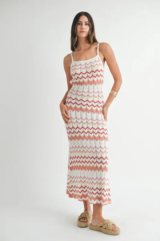 MABLE Lightweight Pointelle Chevron Knit Maxi Dress Salmon - Fashorio