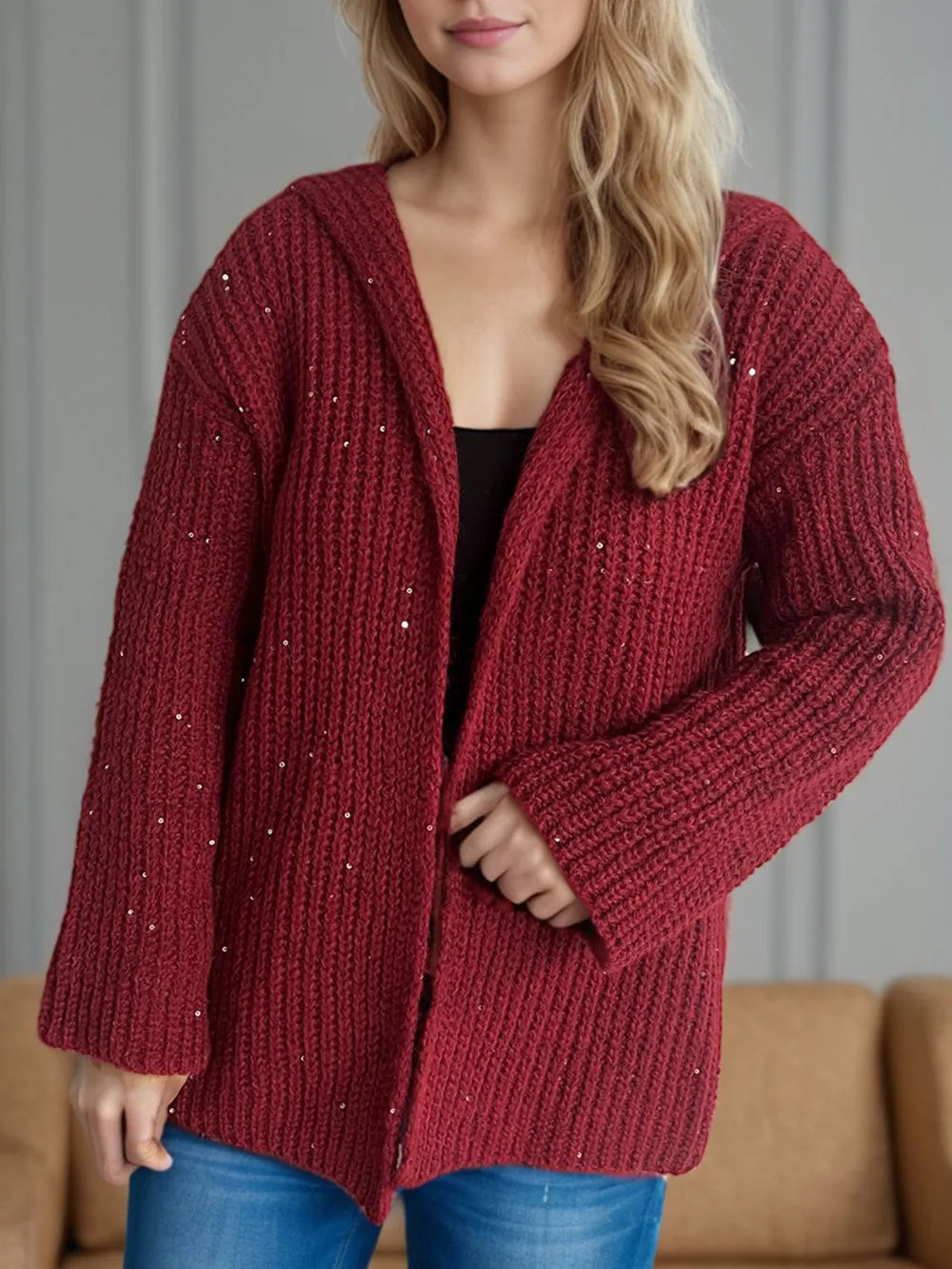 Sequin Detail Long Sleeve Hooded Cardigan Burgundy One Size - Fashorio