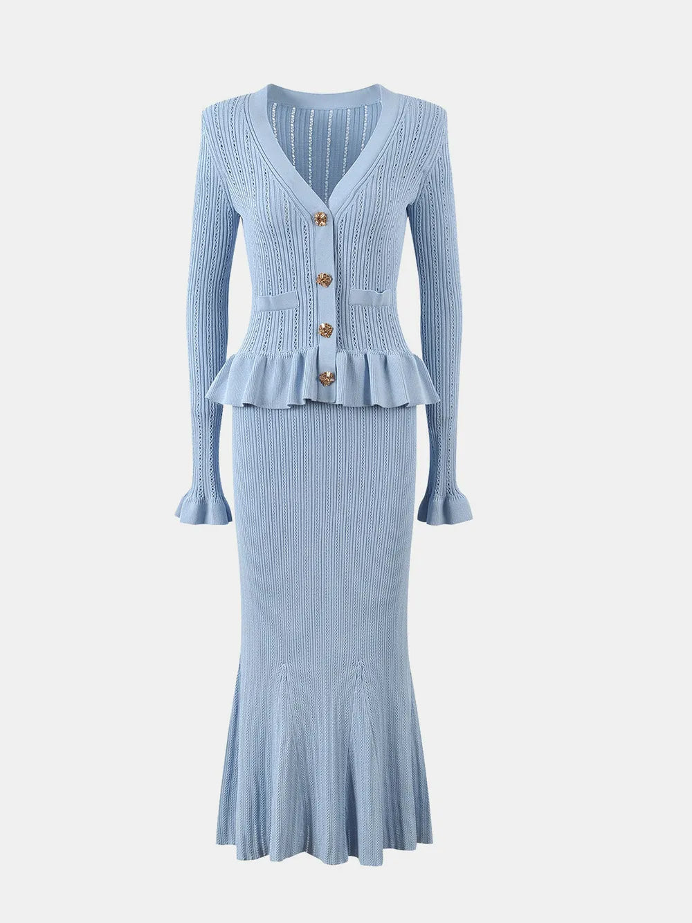 Ruffled V-Neck Top and Midi Skirt Sweater Set - Fashorio