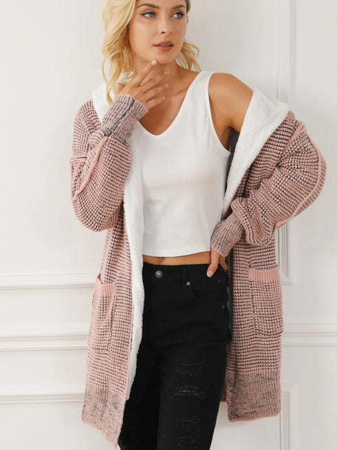 Open Front Hooded Winter Coat with Pockets - Fashorio