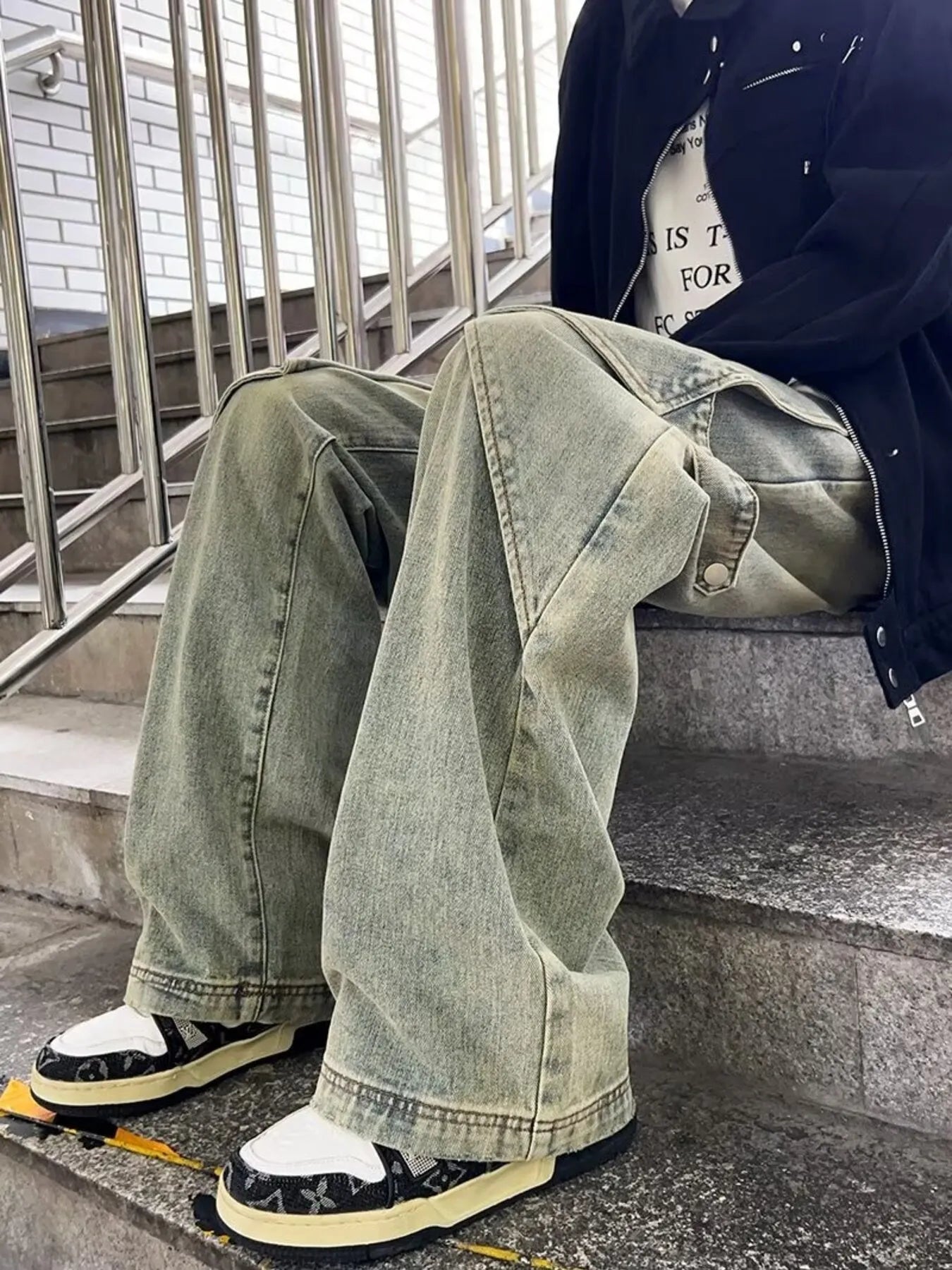 Men's Full Size Washed Wide Leg Baggy Cargo Jeans Plus Size - Fashorio