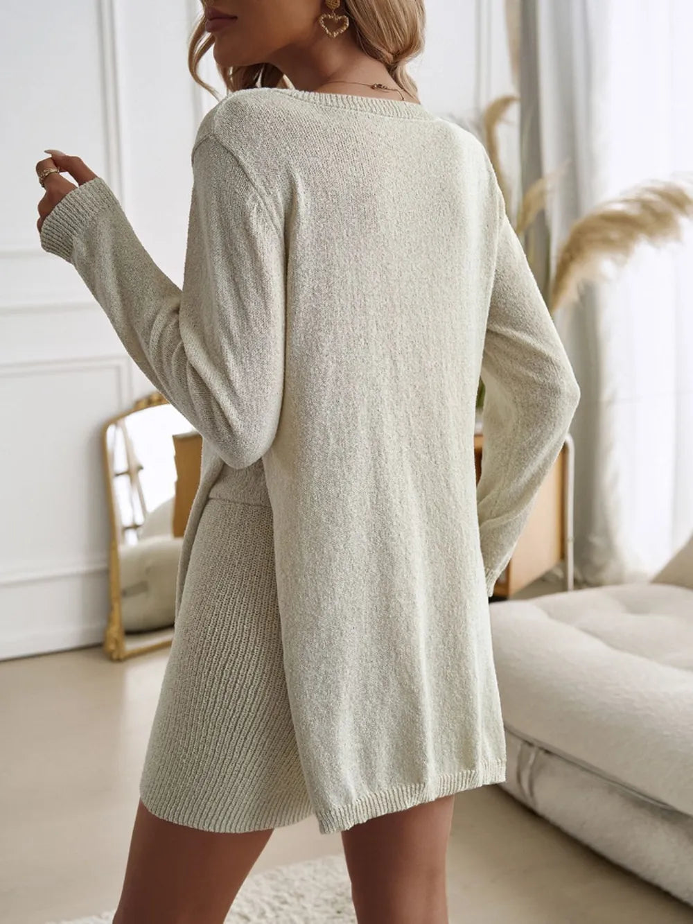 Devine Slit Round Neck Top and Shorts Sweater Set - Fashorio