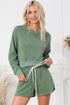 Round Neck Long Sleeve Top and Drawstring Shorts Lounge Set - Fashorio