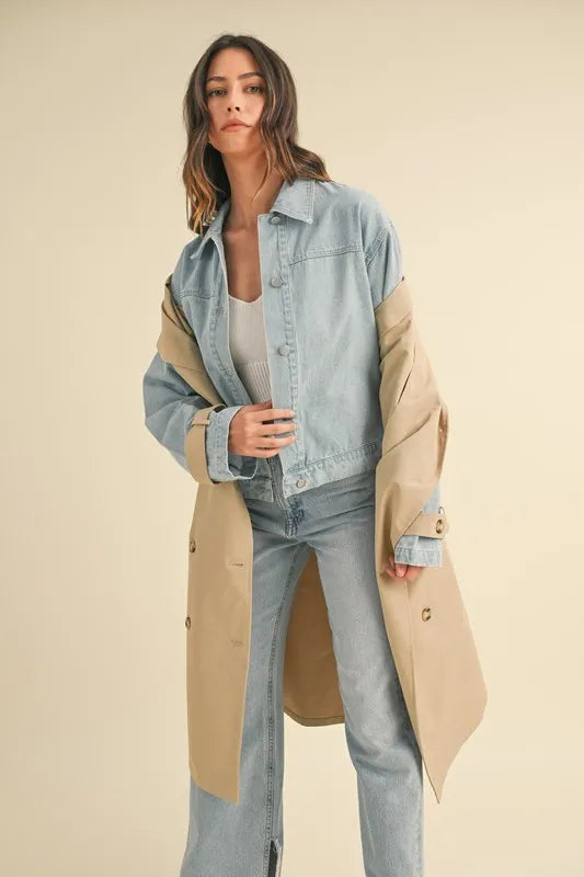 MABLE Layered Look Trench Coat With Denim Jacket - Fashorio