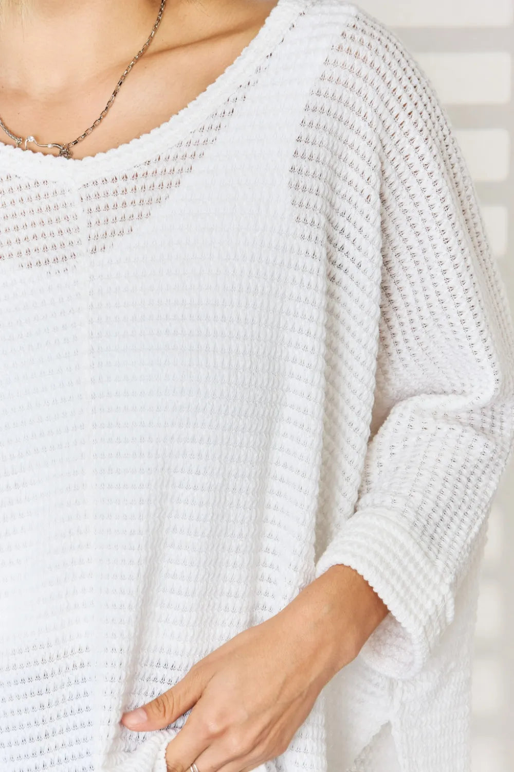 Zenana Full Size Waffle Knit V-Neck Long Sleeve Slit Top - Fashorio