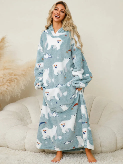 Fuzzy Pocketed Long Sleeve Hooded Lounge Dress - Fashorio