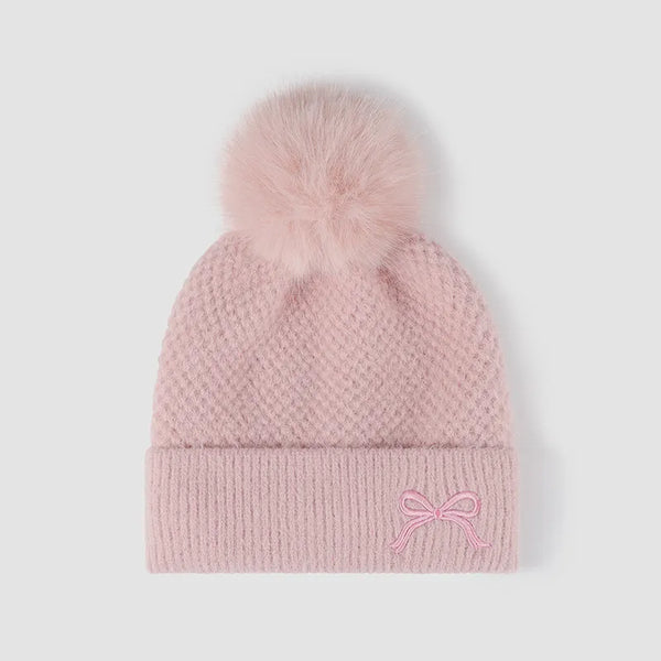 Thermal Bow Knit Hat with Pompom Pink One Size - Fashorio