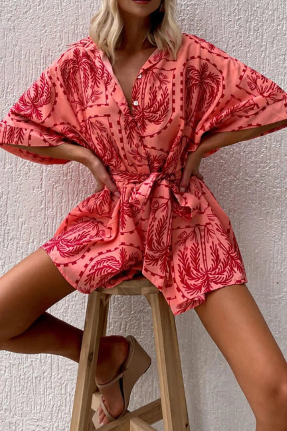 Printed Tie Waist Romper - Fashorio