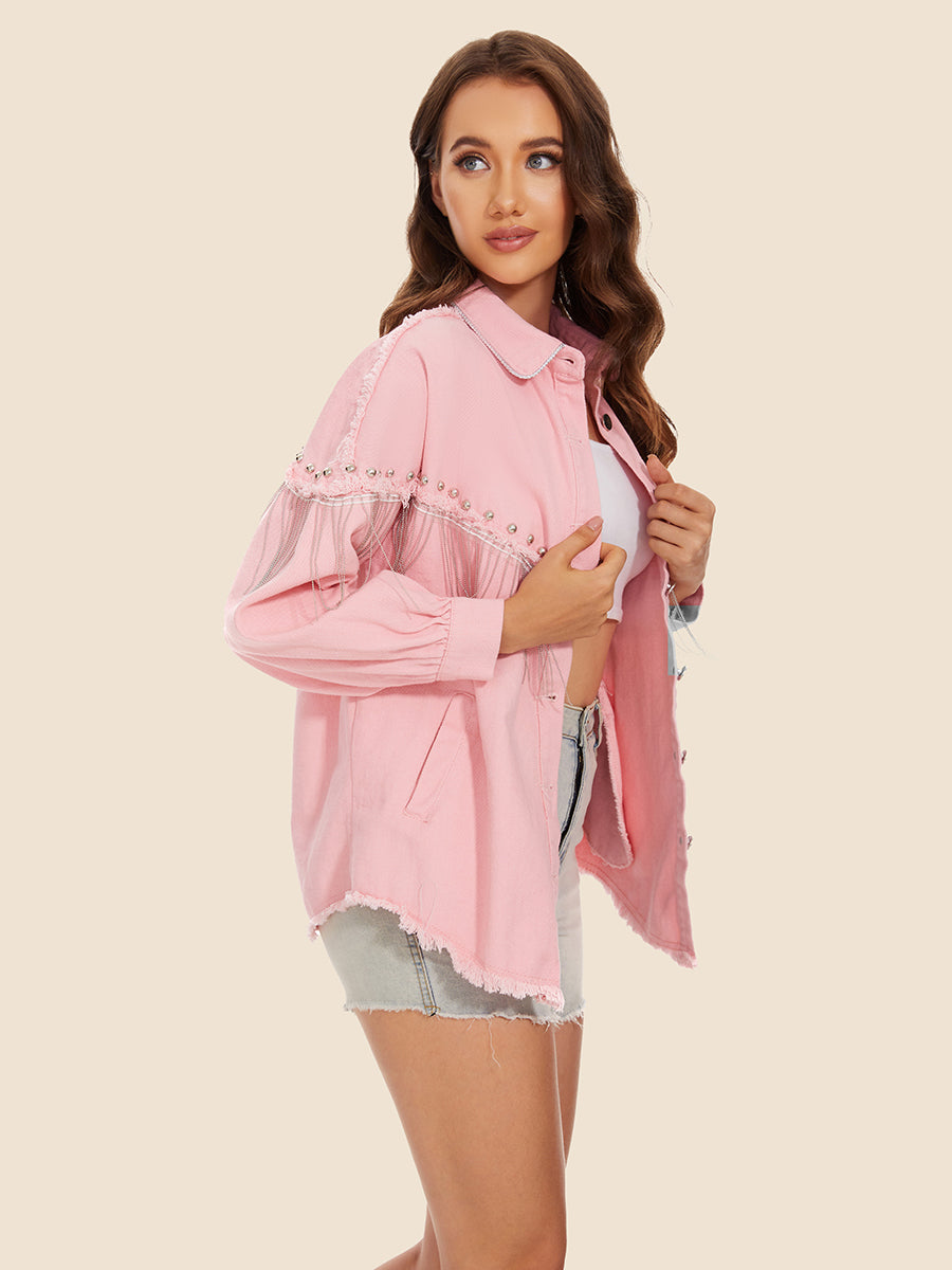 Raw Hem Fringe Detail Denim Jacket - Fashorio
