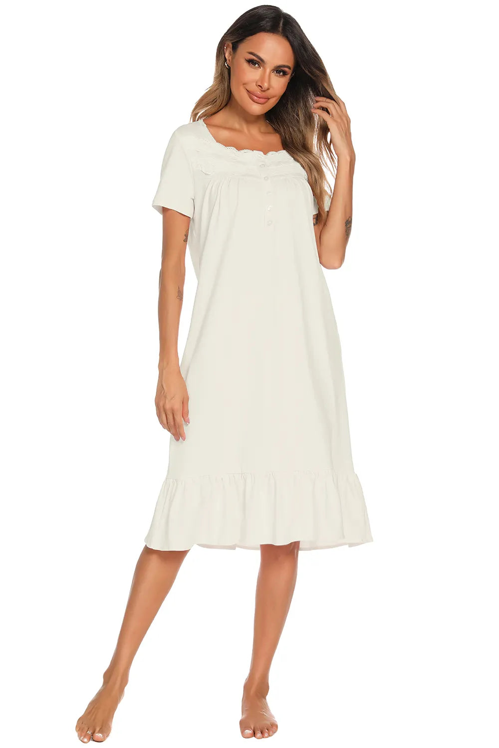 Lace Detail Square Neck Lounge Dress - Fashorio