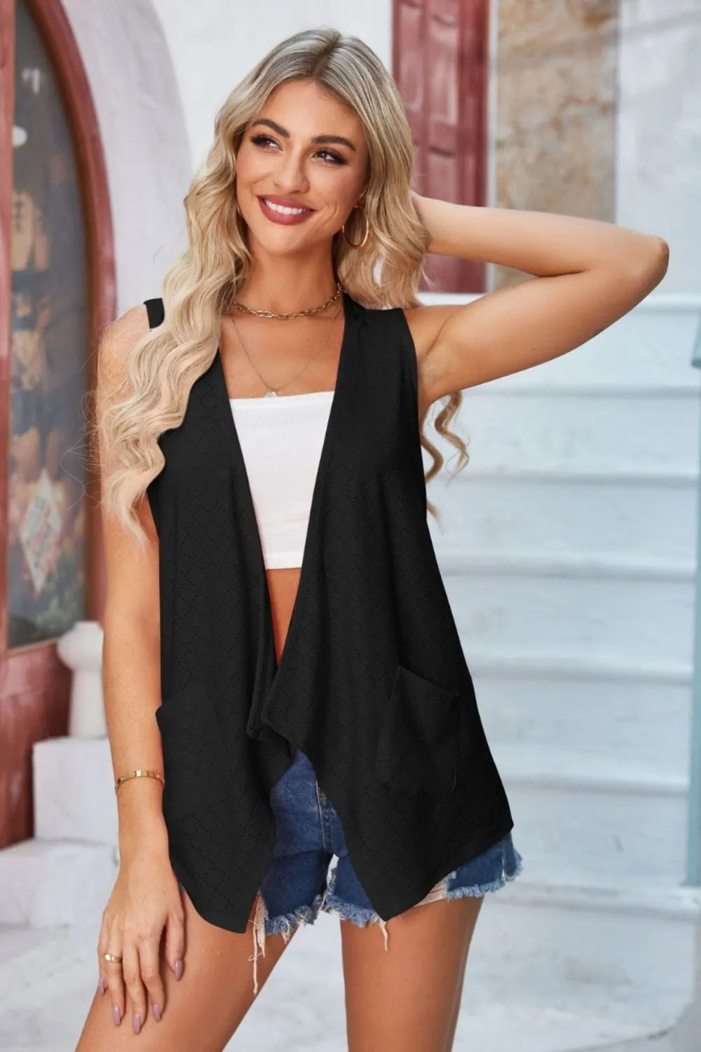 Eyelet Open Front Sleeveless Cardigan - Fashorio
