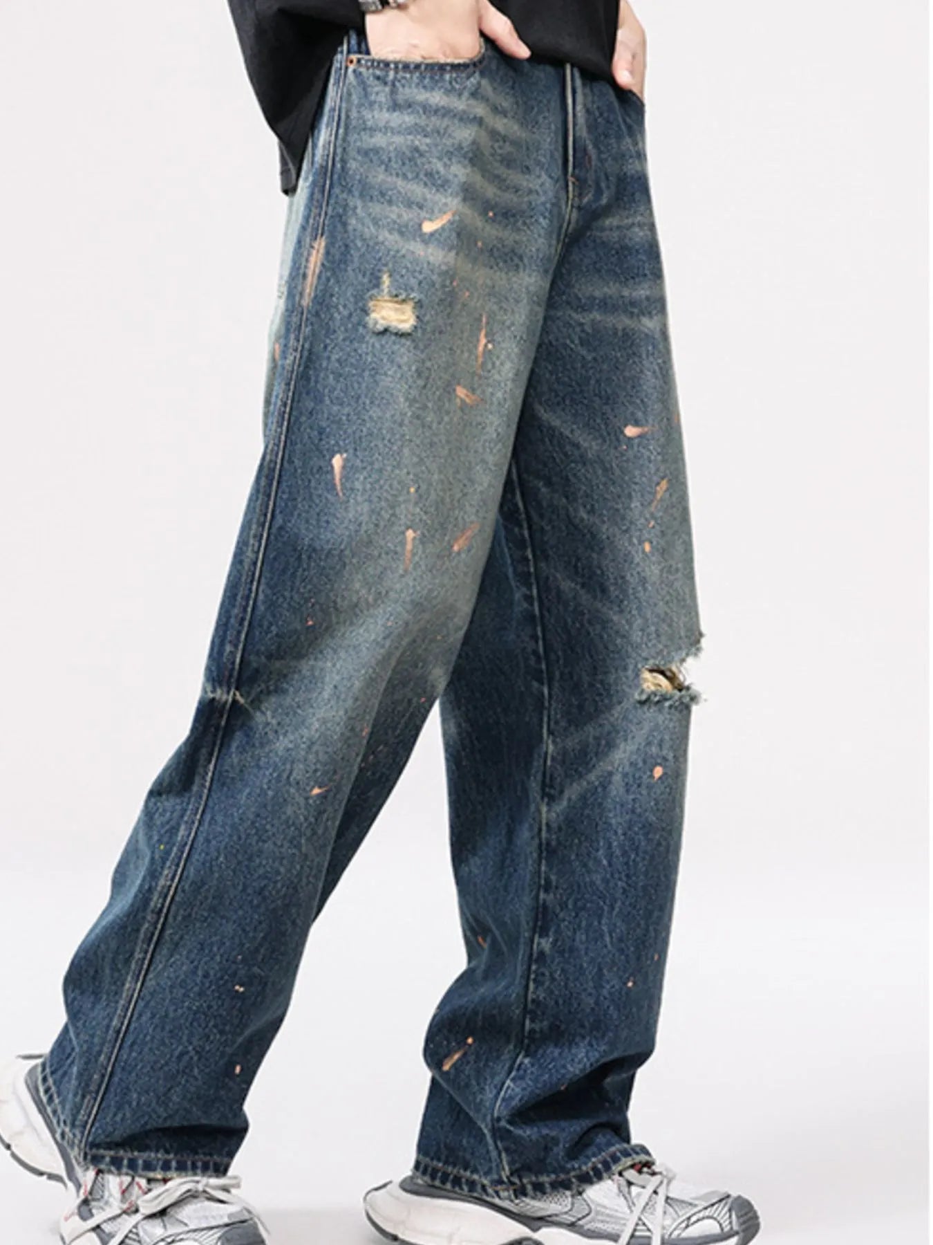 Men's Full Size Distressed Wide Leg Vintage Jeans Plus Size Nostalgic Blue - Fashorio