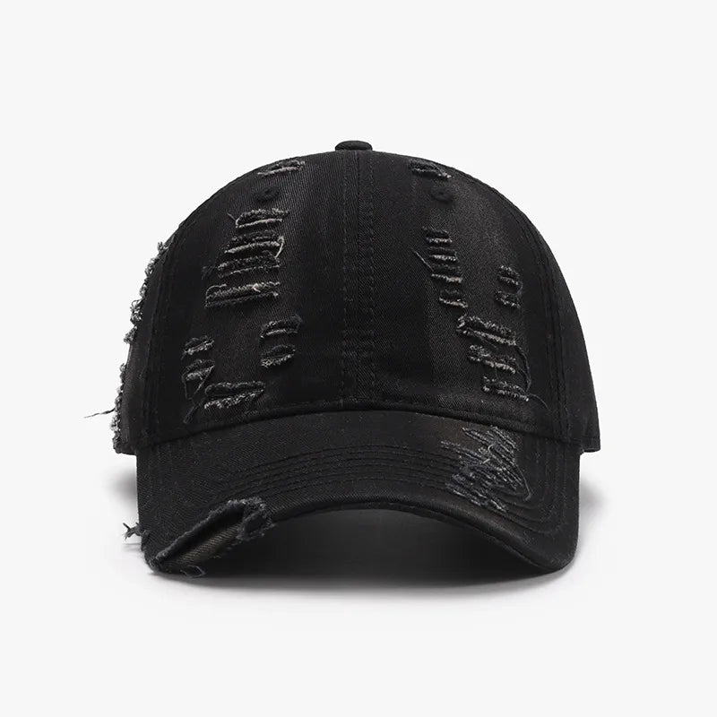 Distressed Adjustable Cotton Baseball Cap Black One Size - Fashorio