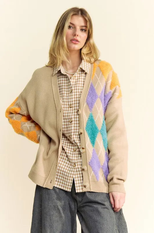 Davi & Dani Argyle V-Neck Dropped Shoulder Cardigan - Fashorio