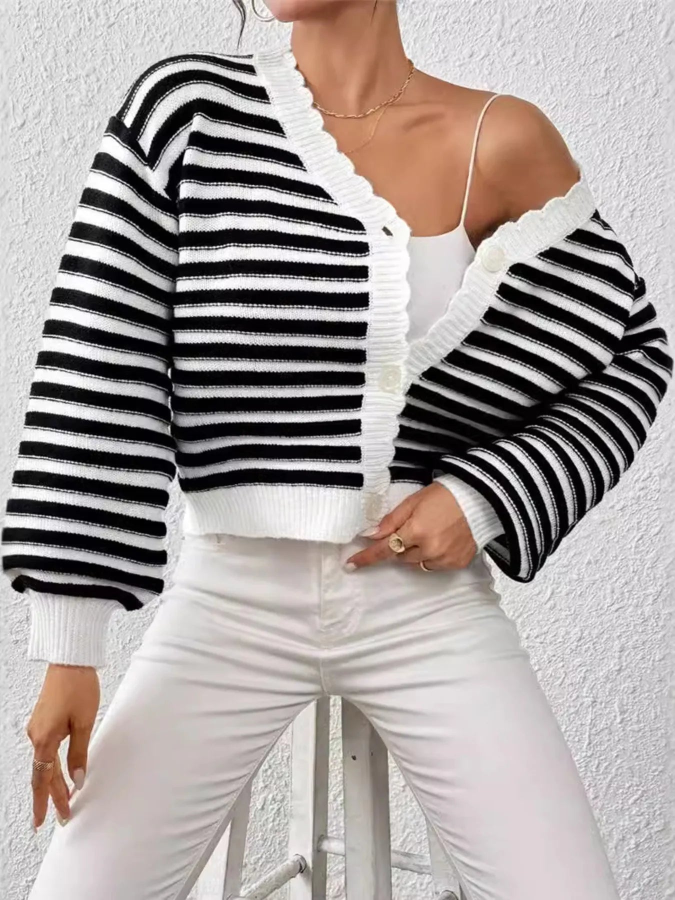 Rainbow Striped Cropped Cardigan with Balloon Sleeves - Fashorio