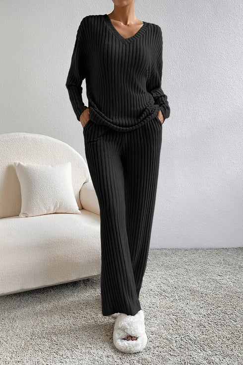 Ribbed V-Neck Top and Pants Lounge Set - Fashorio