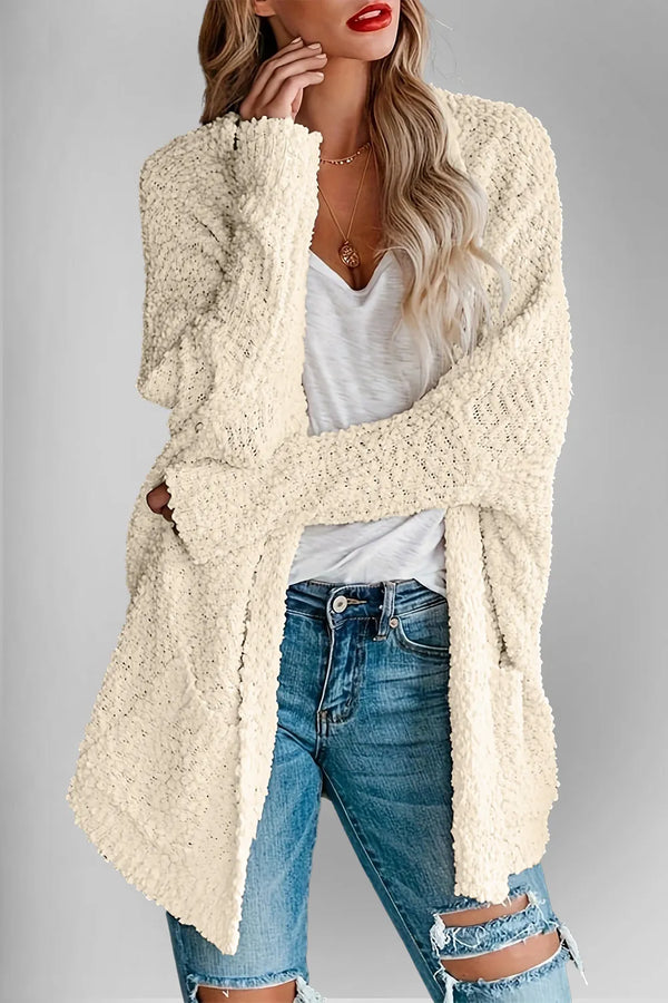 Double Take Pocketed Open Front Long Sleeve Cardigan Cream - Fashorio