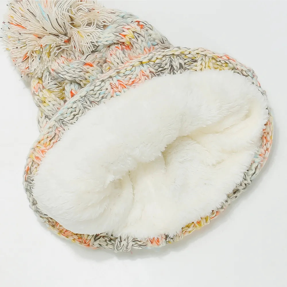 Contrast Cable-Knit Hat with Pompom - Fashorio