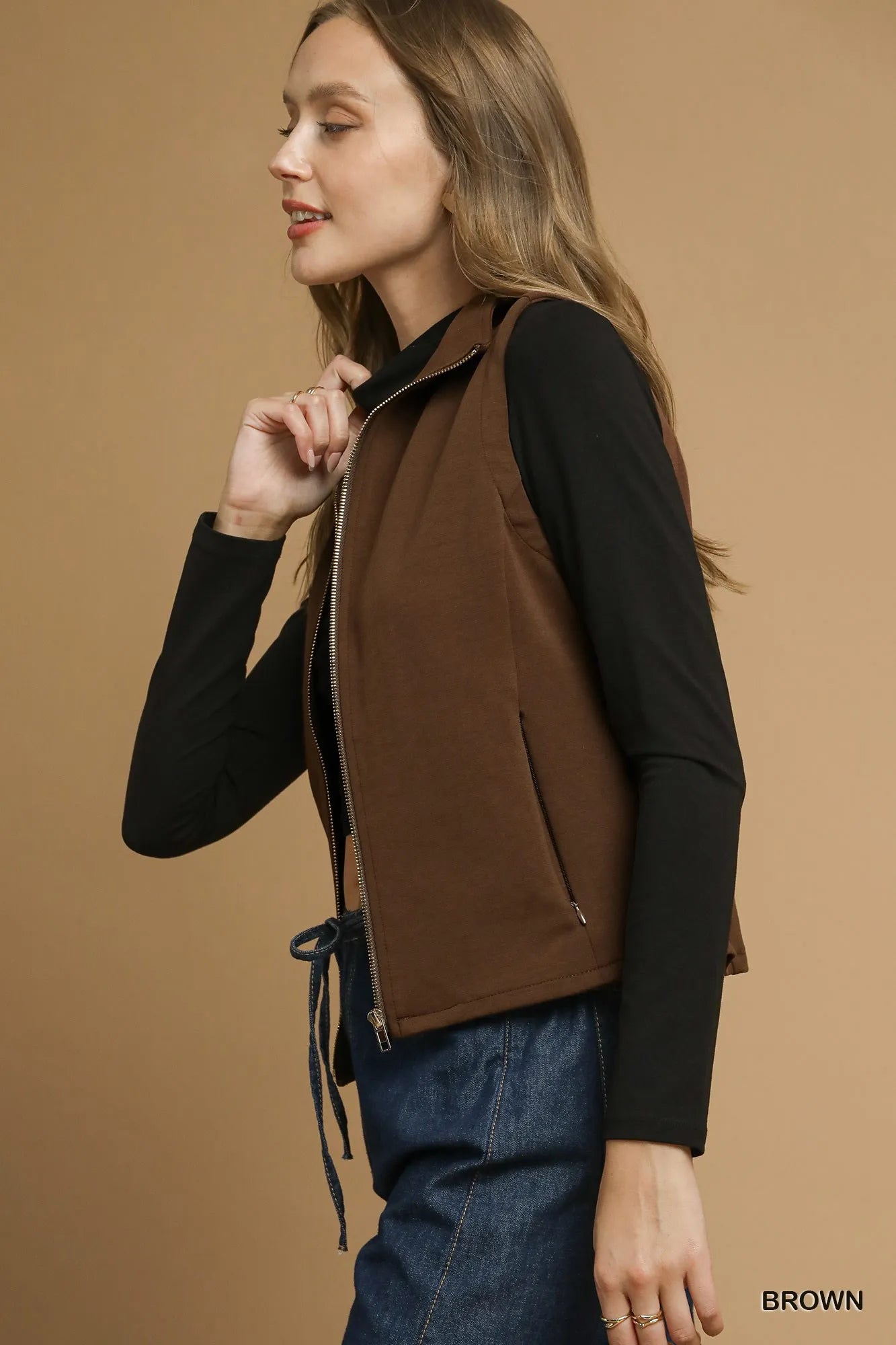 Umgee Zip-Front Fitted Vest with Pockets - Fashorio