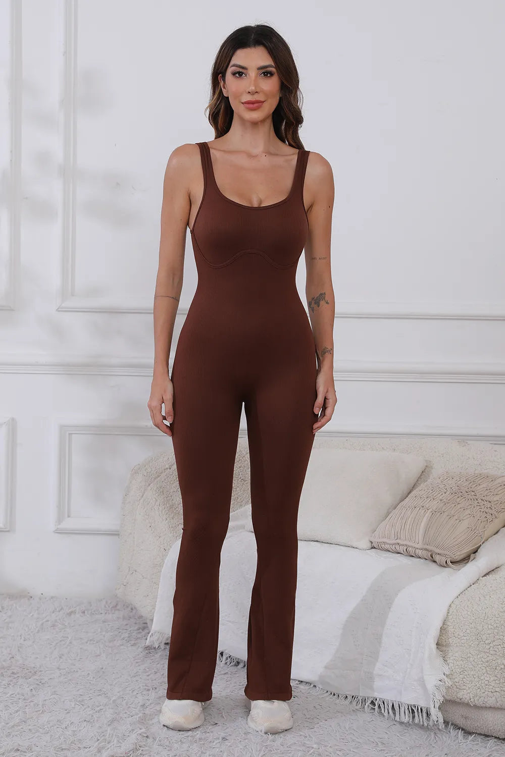 Scoop Neck Wide Strap Active Jumpsuit Brown - Fashorio
