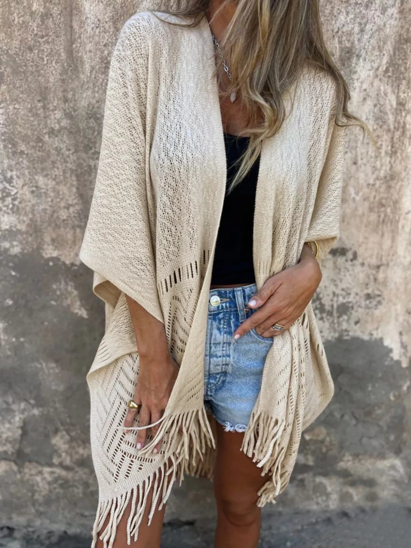 Fringe Open Front Cardigan Beige One Size - Fashorio