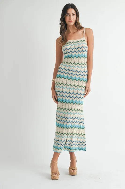 MABLE Lightweight Pointelle Chevron Knit Maxi Dress Aqua - Fashorio