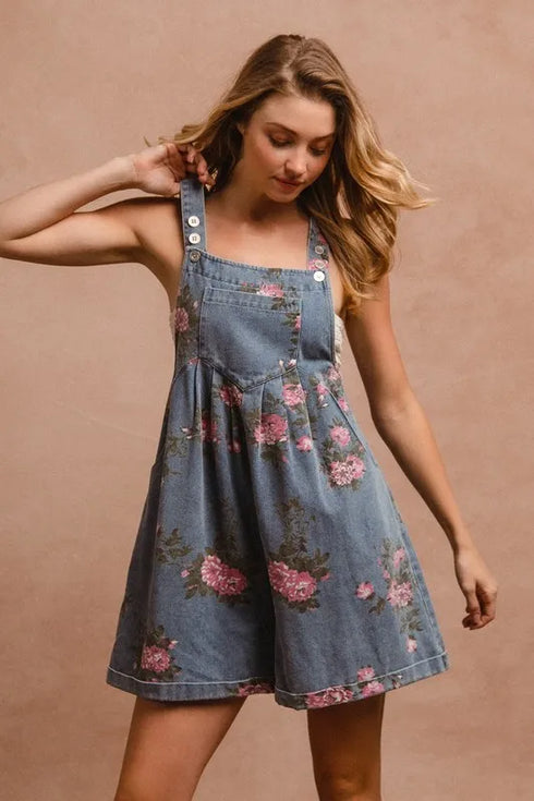 BiBi Flower Printed Wide Strap Denim Overalls - Fashorio