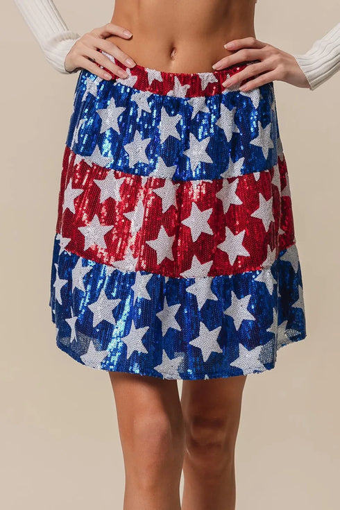 BiBi American Flag Theme Star Sequin Tiered Skirt AMERICAN FLAG - Fashorio