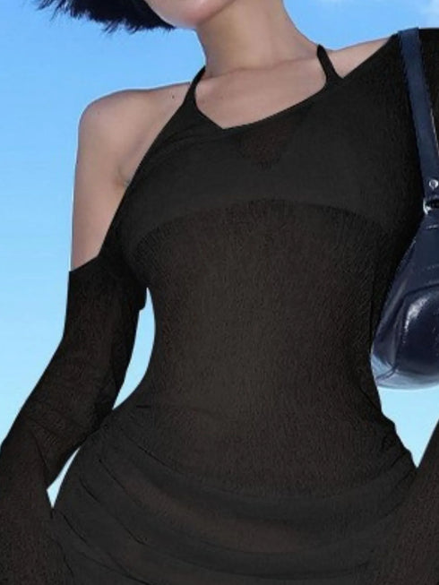 One-Shoulder Bell Sleeve Ruched Mini Cover-Up Dress - Fashorio