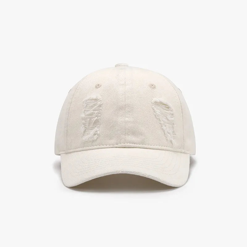 Distressed Cotton Baseball Cap Ivory One Size - Fashorio