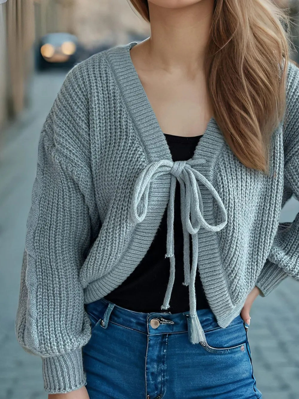 Tied Dropped Shoulder Long Sleeve Cardigan Light Blue One Size - Fashorio