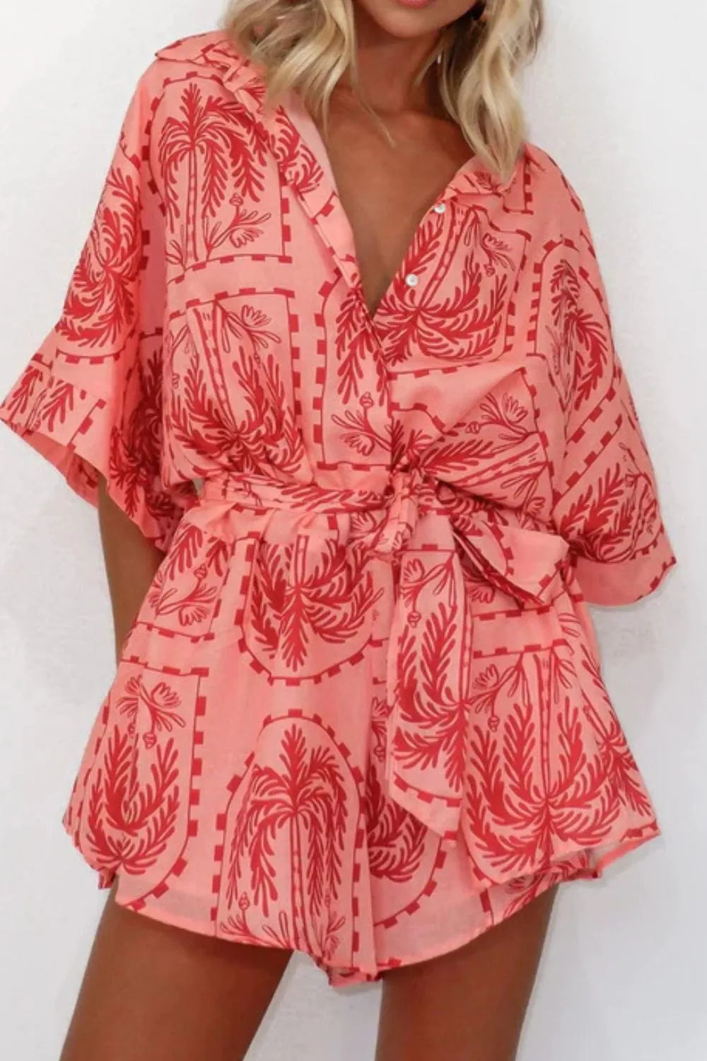 Printed Tie Waist Romper - Fashorio