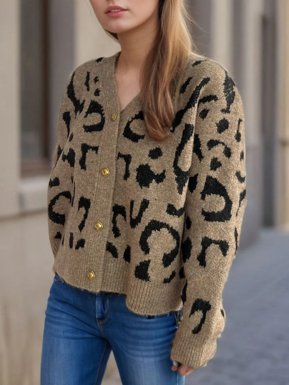 Leopard V-Neck Button Up Cardigan - Fashorio