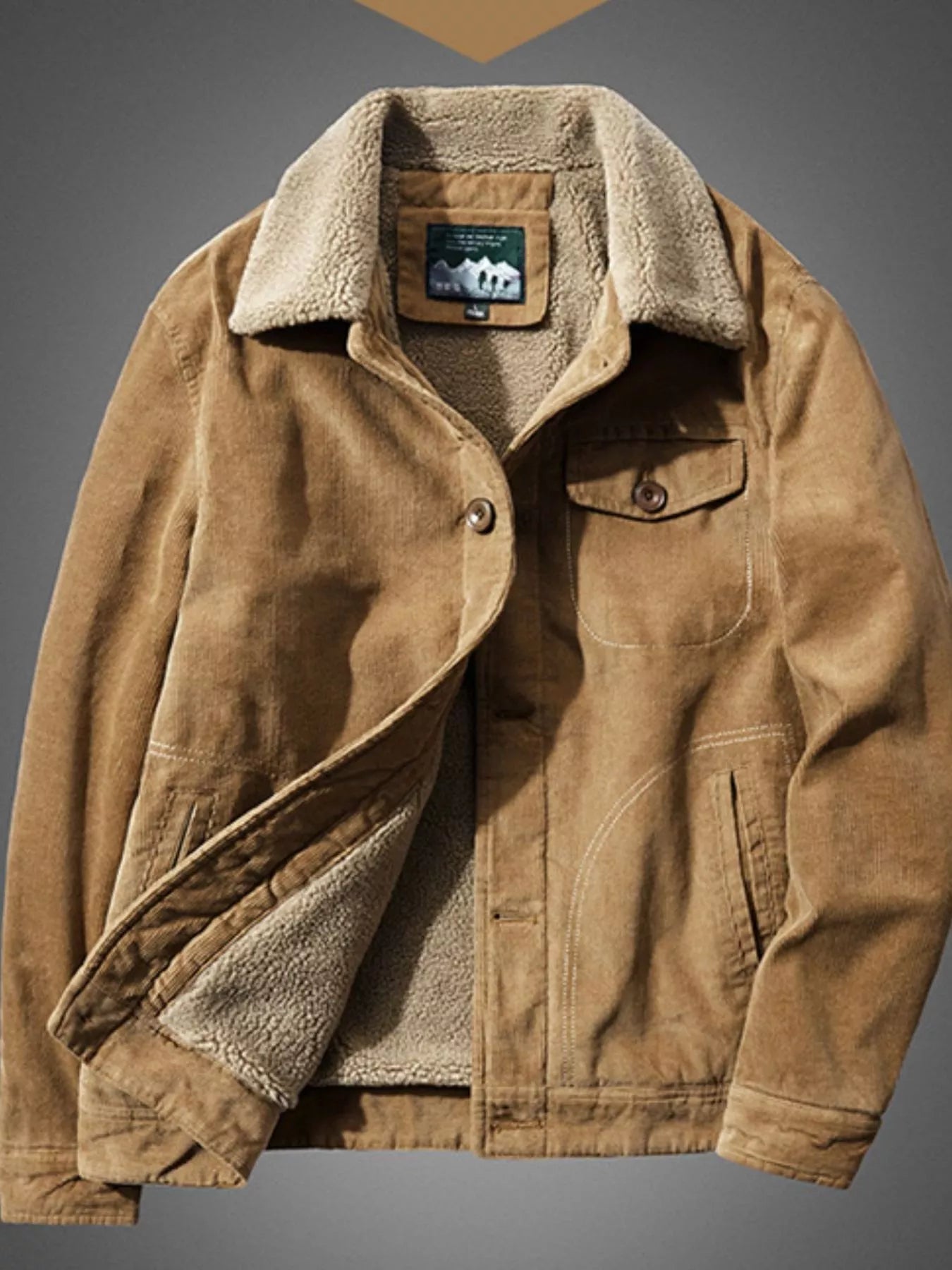 Men's Plus Size Sherpa Corduroy Button Up Jacket Khaki - Fashorio