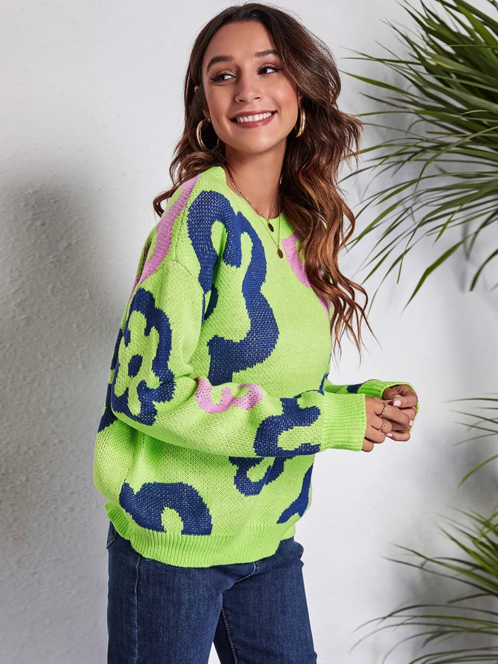 Flower Pattern Round Neck Long Sleeve Sweater - Fashorio
