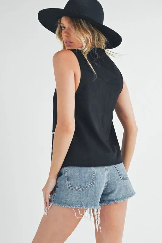 Aemi + Co Heart Rivet Detail Suede Vest Coat - Fashorio