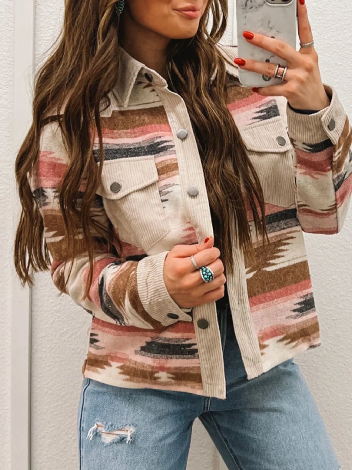 Corduroy Hem Striped Button-Up Jacket – Casual Long Sleeve - Fashorio