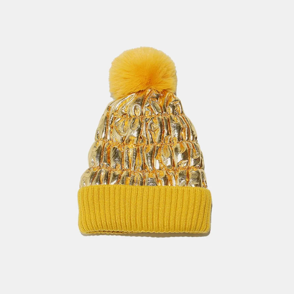 Thermal Knit Hat with Pompom Gold One Size - Fashorio