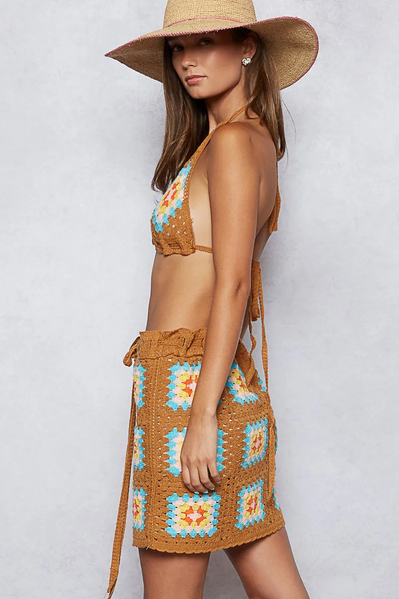 POL Crochet Halter Neck Cami and Skirt Sweater Set - Fashorio