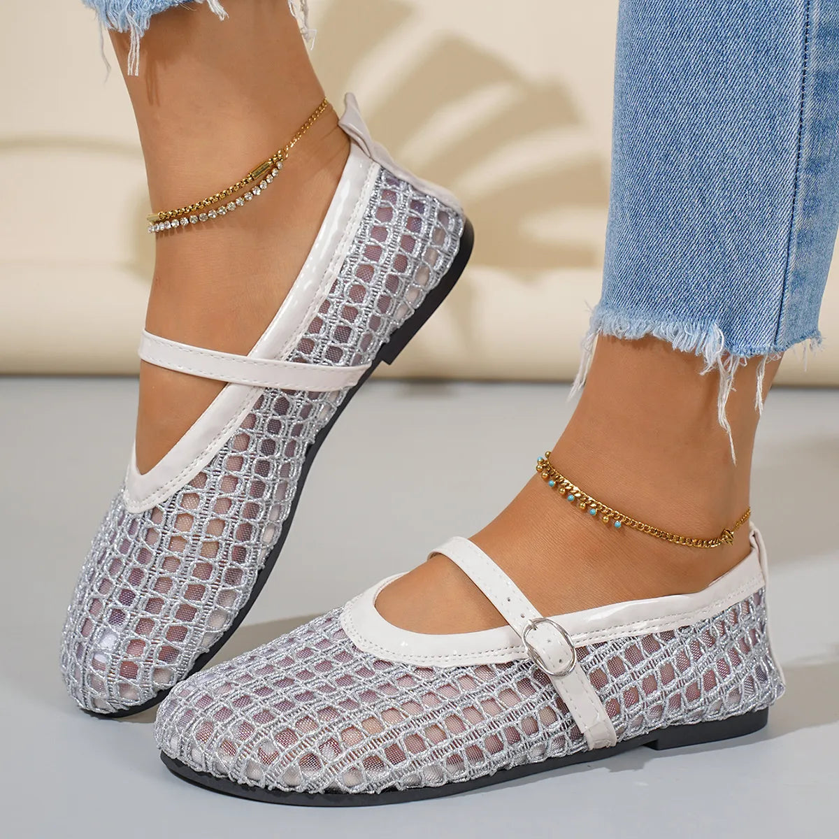 Woven Mesh Mary Jane Sandals with Buckle Strap - Fashorio