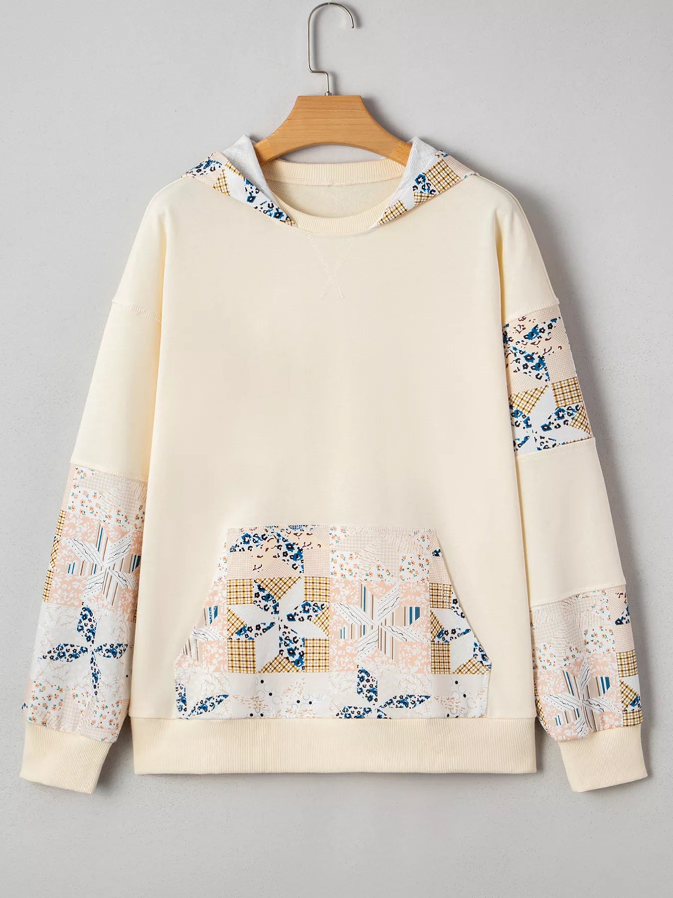 Geo Pattern Patchwork Hoodie with Kangaroo Pocket - Fashorio