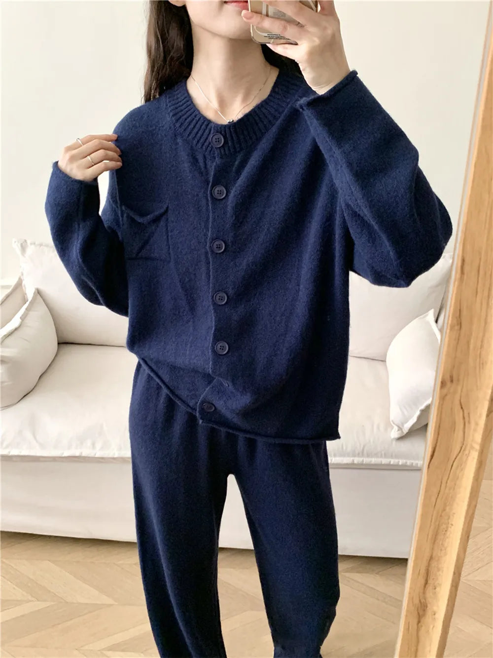 Pocketed Round Neck Button Up Cardigan and Pants Sweater Set - Fashorio