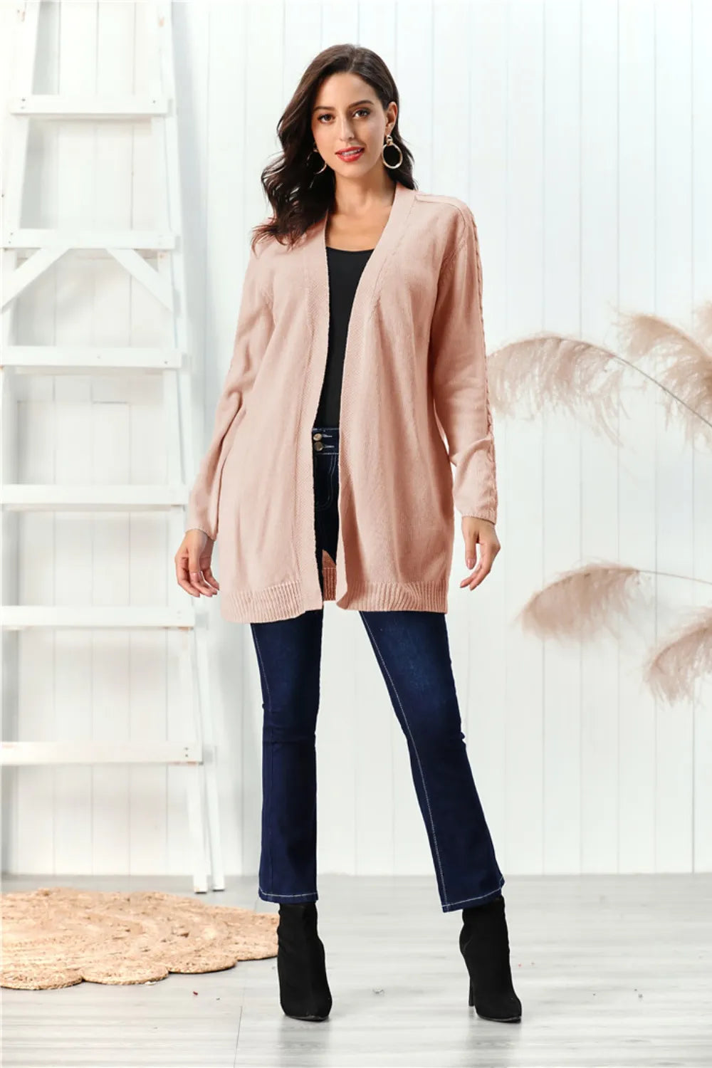 Cable-Knit Open Front Long Sleeve Cardigan - Fashorio