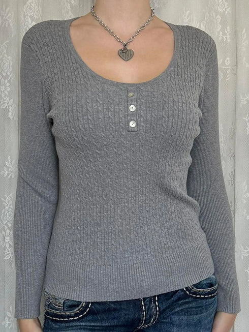 Button Detail Long Sleeve Cable Knit Top Gray - Fashorio