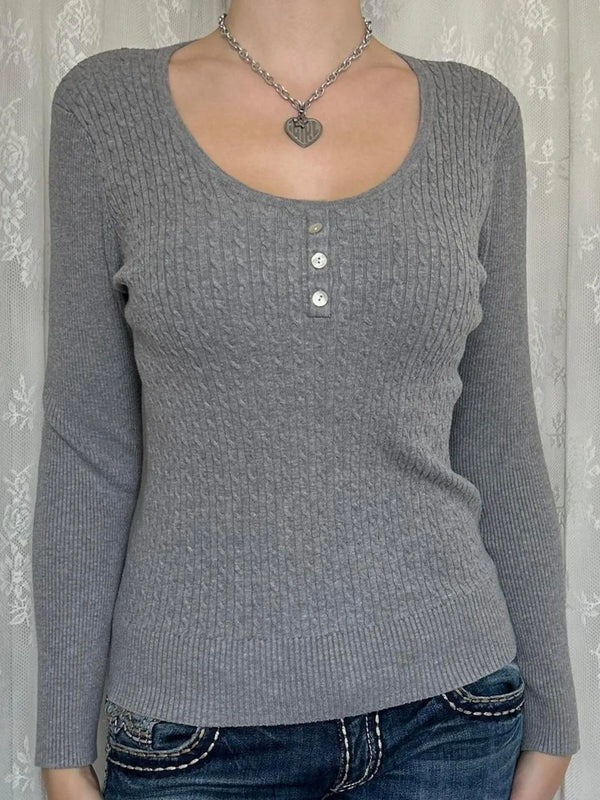 Button Detail Long Sleeve Cable Knit Top Gray - Fashorio