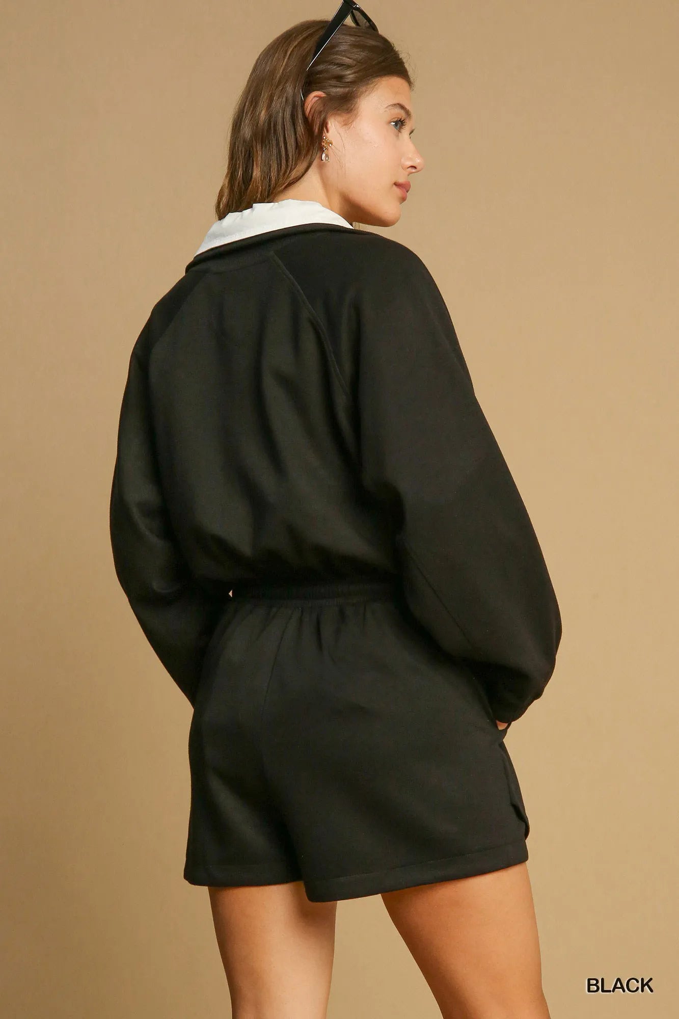 Umgee Half Zip Romper with Drawstring Waist - Fashorio
