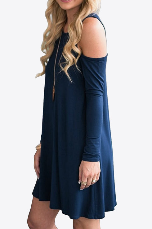 Cold-Shoulder Long Sleeve Mini Dress – Casual Round Neck Style - Fashorio