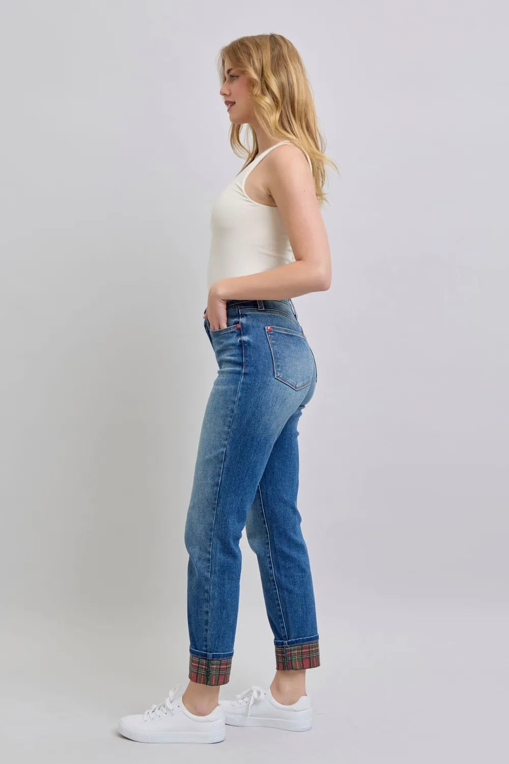 Judy Blue Full Size Plaid Print Cuff Straight Leg Jeans with Pockets - Fashorio
